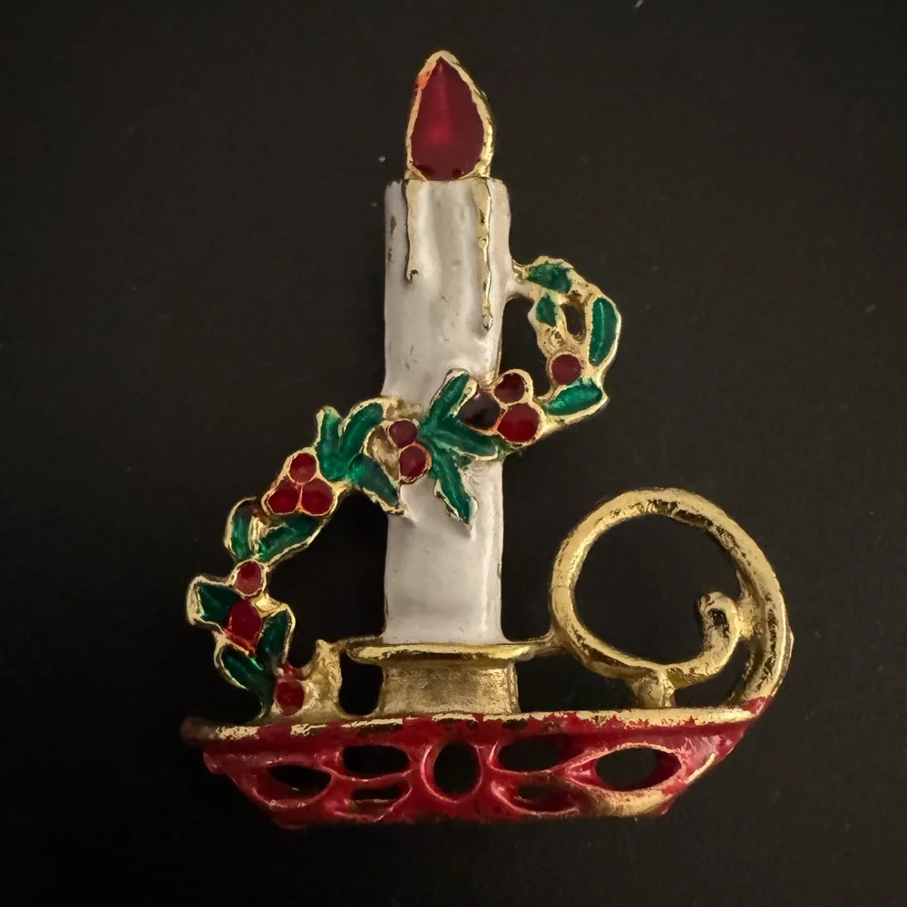 Festive Candle Brooch with Holly Accents